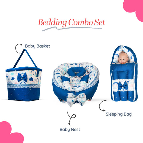 Adorables Baby Nest Bedding Combo Set 3 in 1 | Royal Blue & White | Rainbow Print, Bow & Lace Design | Cotton & Recron | Includes Nest Bed, Basket (L) & Baby Holder