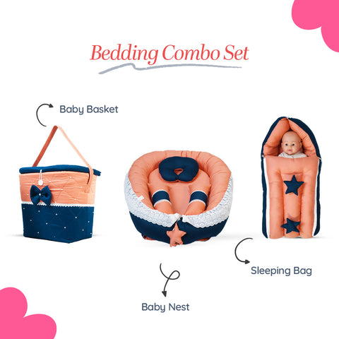 Adorables Baby Nest Bedding Combo Set 3 in 1 | Turquoise Blue & Peach | Star Bow & Lace Design | Cotton & Recron | Includes Nest Bed, Basket (L) & Sleeping Bag