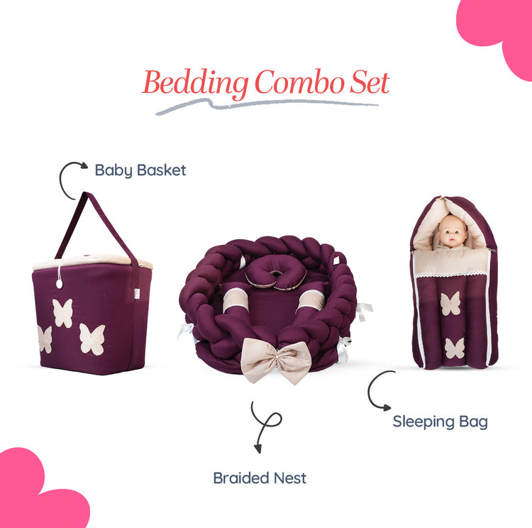 Adorables Baby Braided Bedding Combo Set 3 in 1 | Purple & Beige | Butterfly Embroidery & Lace Design | Cotton & Recron | With Braided Nest, Basket (L) & Sleeping Bag