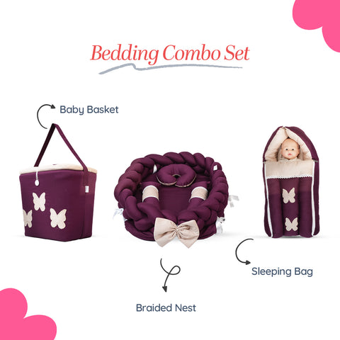 Adorables Baby Braided Bedding Combo Set 3 in 1 | Purple & Beige | Butterfly Embroidery & Lace Design | Cotton & Recron | With Braided Nest, Basket (L) & Sleeping Bag