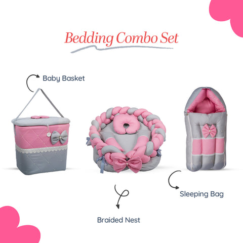 Adorables Baby Braided Bedding Combo Set 3 in 1 | Grey & Pink | Bow & Pearl Work, Lace Design | Cotton & Recron | With Braided Nest, Basket (L) & Sleeping Bag