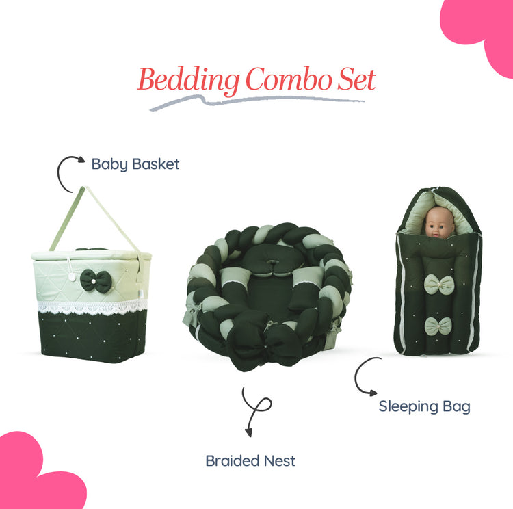 Adorables Baby Braided Bedding Combo Set 3 in 1 | Light Green & Dark Green | Bow & Pearl Work, Lace Design | Cotton & Recron | With Braided Nest, Basket (L) & Sleeping Bag