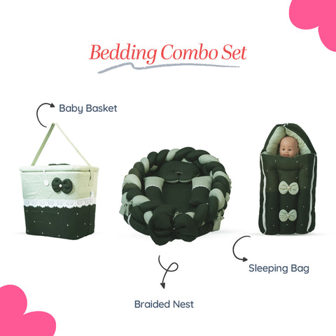 Adorables Baby Braided Bedding Combo Set 3 in 1 | Light Green & Dark Green | Bow & Pearl Work, Lace Design | Cotton & Recron | With Braided Nest, Basket (L) & Sleeping Bag