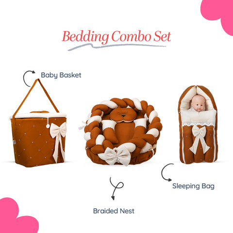 Adorables Baby Braided Bedding Combo Set 3 in 1 | Coffee & Off White | Bow & Pearl Work, Lace Design | Cotton & Recron | With Braided Nest, Basket (L) & Sleeping Bag