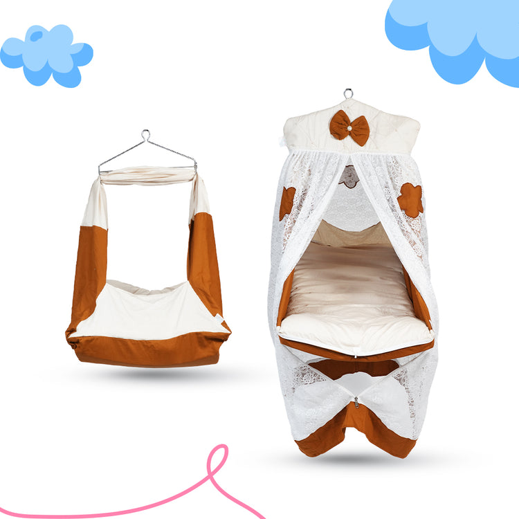 Adorables Bed Cradle | Coffee & Off White | Cotton with Recron | Flower Embroidery | Includes Star Hangings and Removable Net