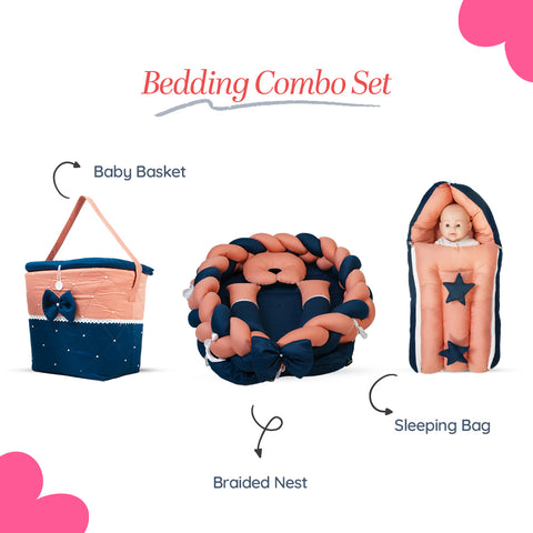 Adorables Baby Braided Bedding Combo Set 3 in 1 | Turquoise Blue & Peach | Bow, Pearls & Lace Design | Cotton & Recron | With Braided Nest, Basket (L) & Sleeping Bag