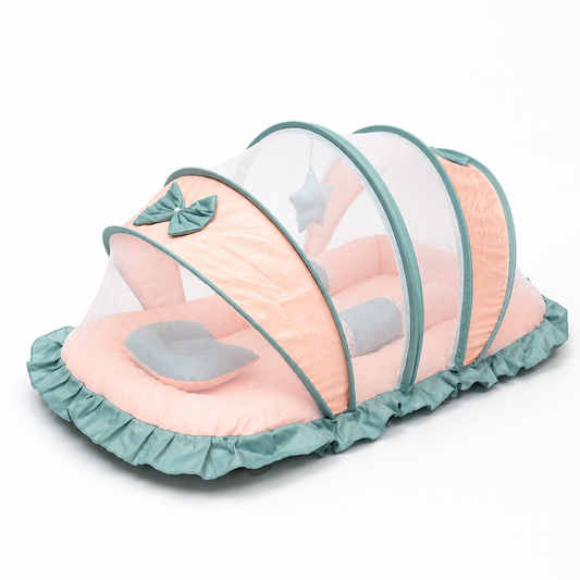 Adorables Mesh Infant Bed | Pastel Garden | Peach in White Dot ,Mocha Green | Bow Work with Lace Design | Cotton with Recron Filling