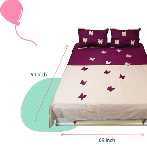 Adorables Bedsheet – Double | Purple & Beige | Butterfly Embroidery | Premium Cotton