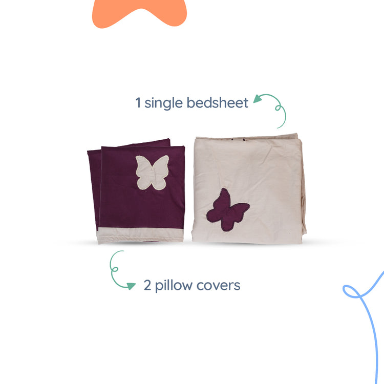 Adorables Bedsheet – Double | Purple & Beige | Butterfly Embroidery | Premium Cotton