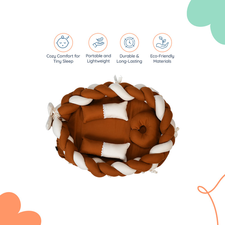 Adorables Braided Nest – Soft Cotton & Foam | Coffee & Off White Design with Side Pillows, Neck Pillow, and Protective Net