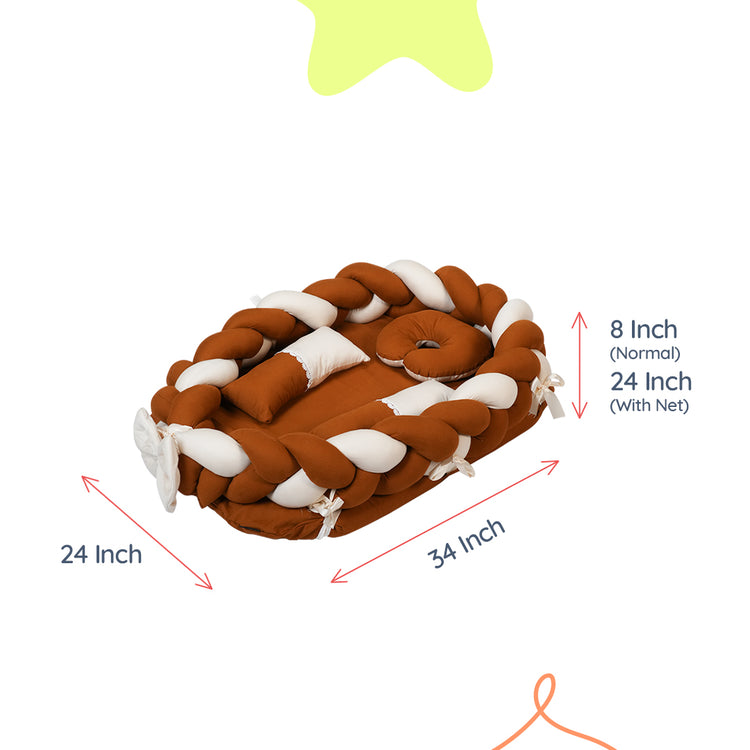 Adorables Braided Nest – Soft Cotton & Foam | Coffee & Off White Design with Side Pillows, Neck Pillow, and Protective Net