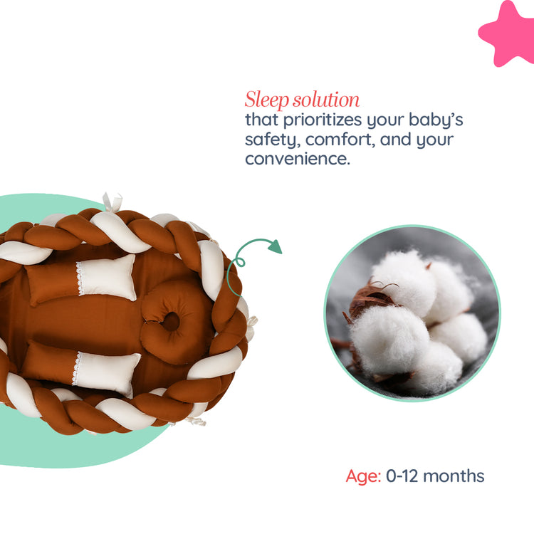 Adorables Braided Nest – Soft Cotton & Foam | Coffee & Off White Design with Side Pillows, Neck Pillow, and Protective Net