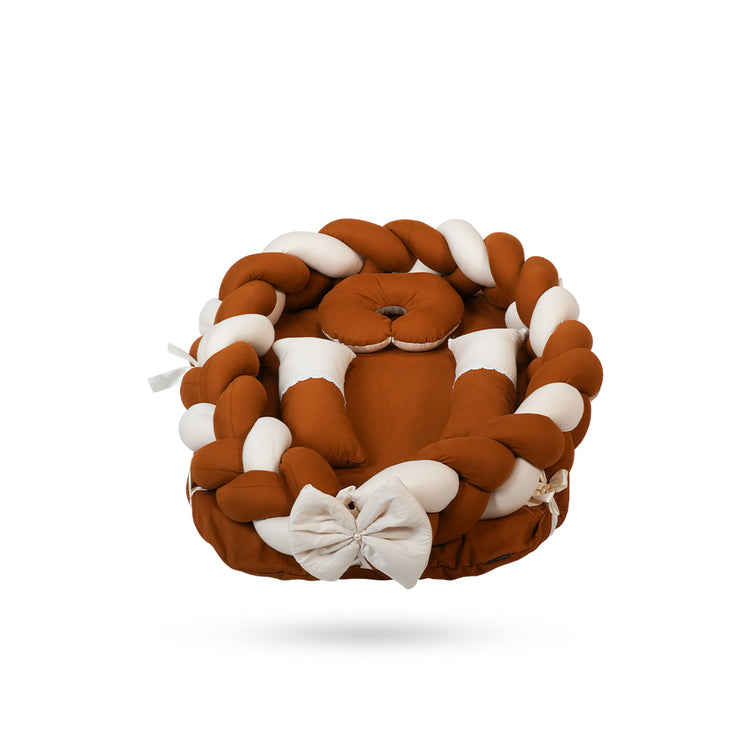 Adorables Braided Nest – Soft Cotton & Foam | Coffee & Off White Design with Side Pillows, Neck Pillow, and Protective Net