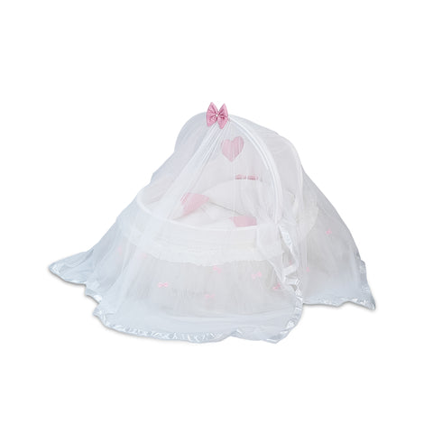 Adorables Fancy Bed Cotton Net Frill – White & Pink | Lace Detailing with Hanging Pillow and Soft Side & Neck Pillows