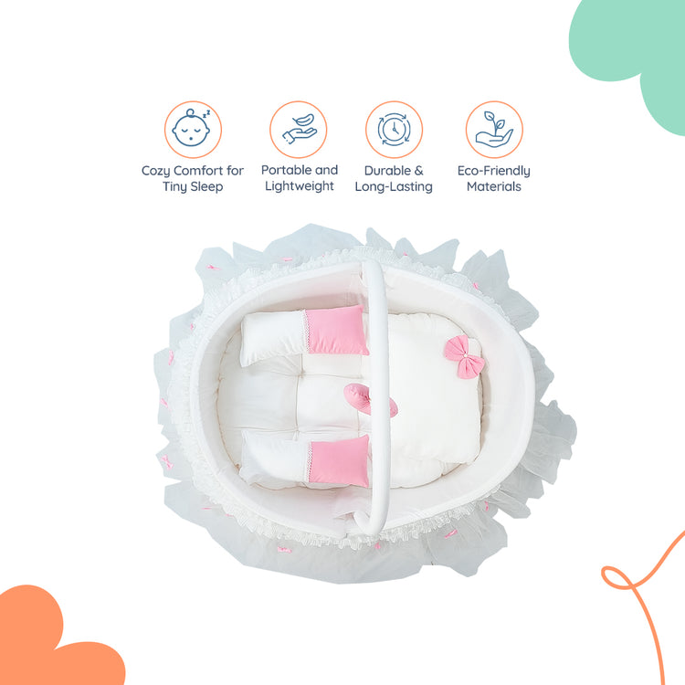 Adorables Fancy Bed Cotton Net Frill – White & Pink | Lace Detailing with Hanging Pillow and Soft Side & Neck Pillows