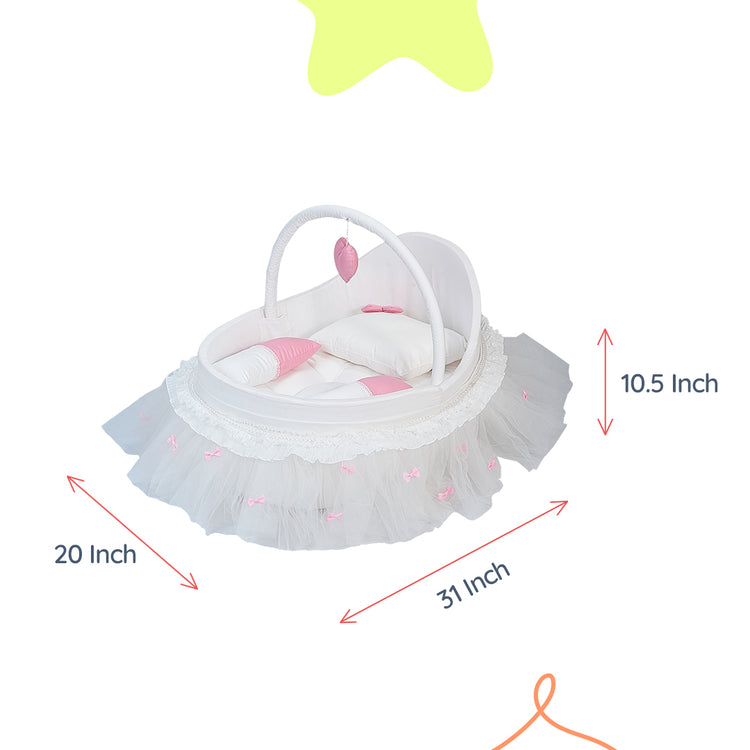 Adorables Fancy Bed Cotton Net Frill – White & Pink | Lace Detailing with Hanging Pillow and Soft Side & Neck Pillows