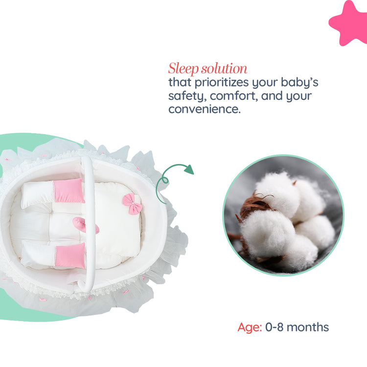 Adorables Fancy Bed Cotton Net Frill – White & Pink | Lace Detailing with Hanging Pillow and Soft Side & Neck Pillows