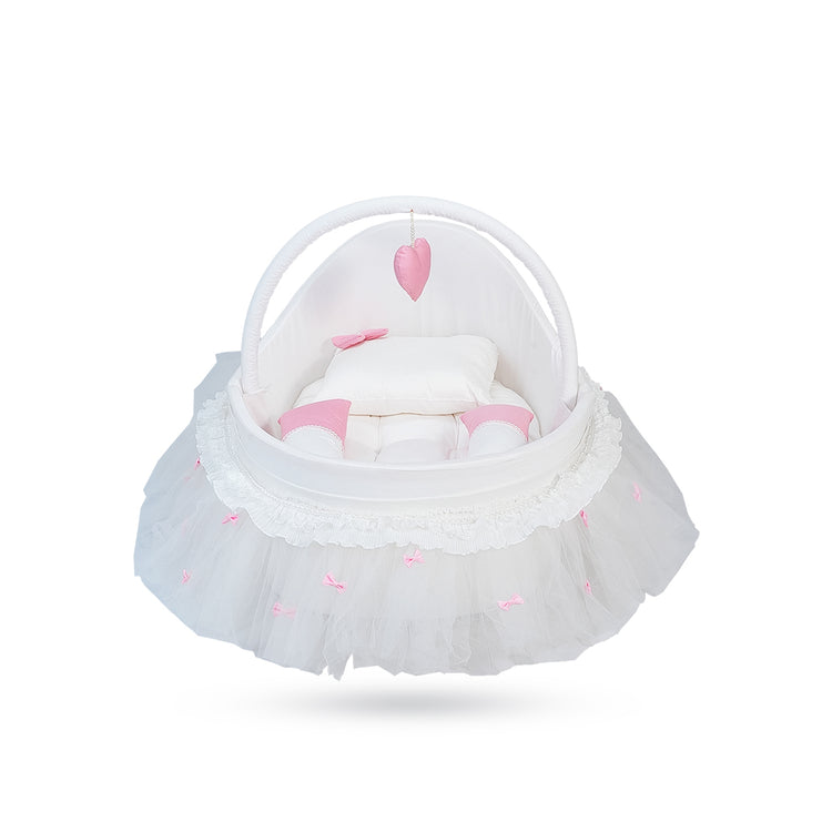 Adorables Fancy Bed Cotton Net Frill – White & Pink | Lace Detailing with Hanging Pillow and Soft Side & Neck Pillows