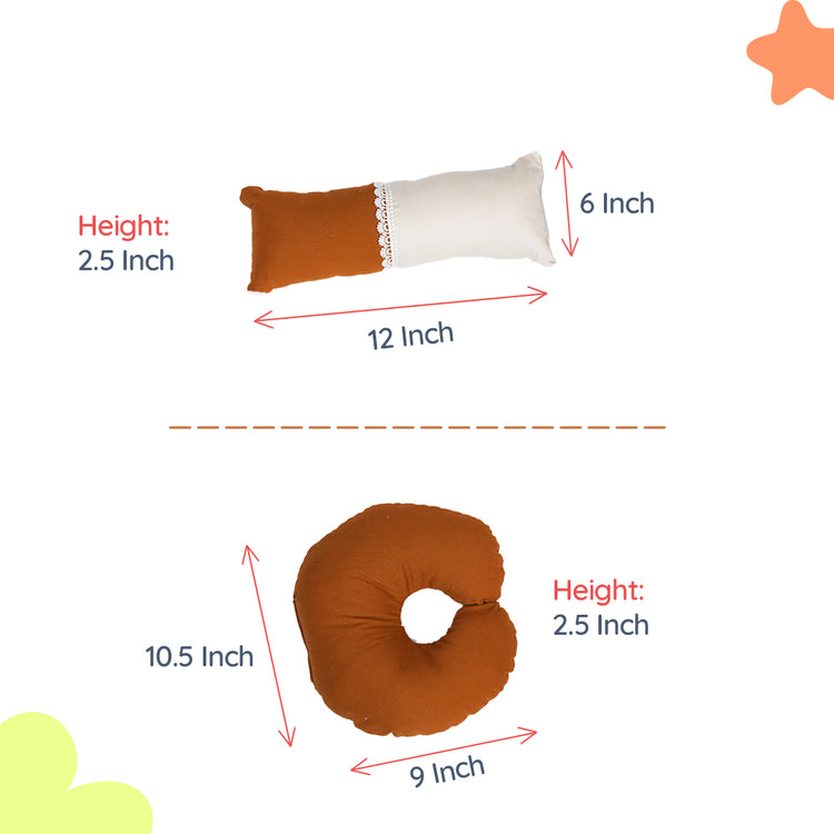 Adorables Pillow Set – Coffee & Off White | Cotton Comfort with Lace Design | Includes Side & Neck Pillows