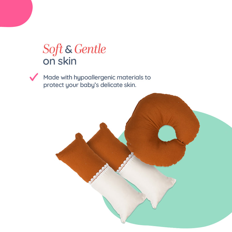 Adorables Pillow Set – Coffee & Off White | Cotton Comfort with Lace Design | Includes Side & Neck Pillows