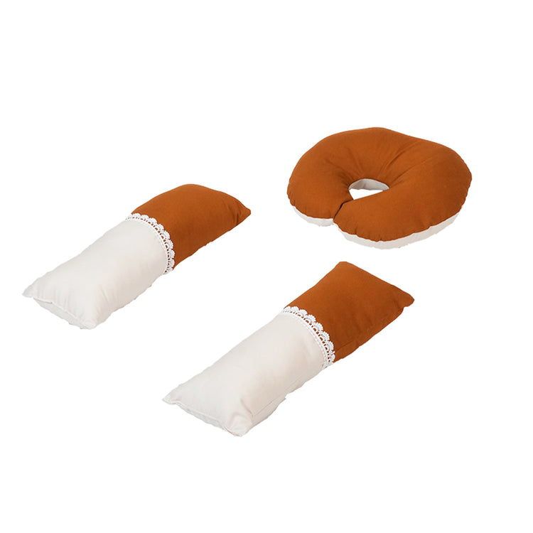 Adorables Pillow Set – Coffee & Off White | Cotton Comfort with Lace Design | Includes Side & Neck Pillows