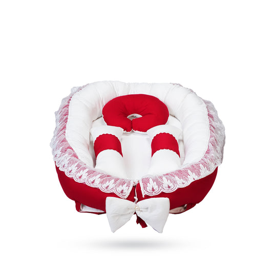 Adorables Baby Nest | Red & White | Cotton & Recron | With Removable Net & Pillows