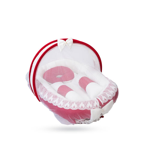 Adorables Baby Nest | Red & White | Cotton & Recron | With Removable Net & Pillows