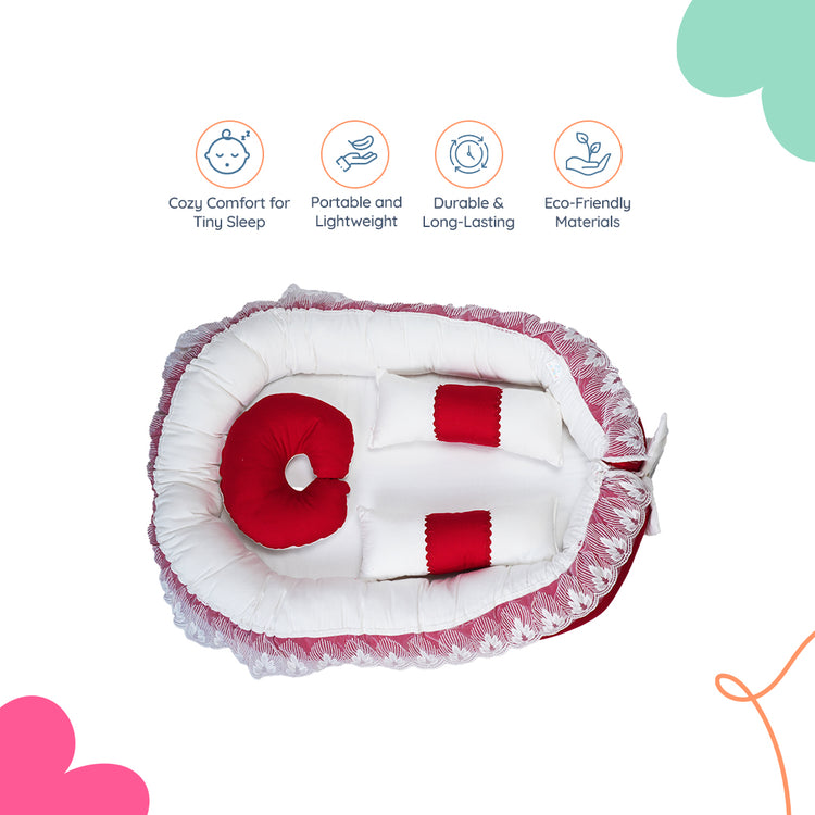 Adorables Baby Nest | Red & White | Cotton & Recron | With Removable Net & Pillows