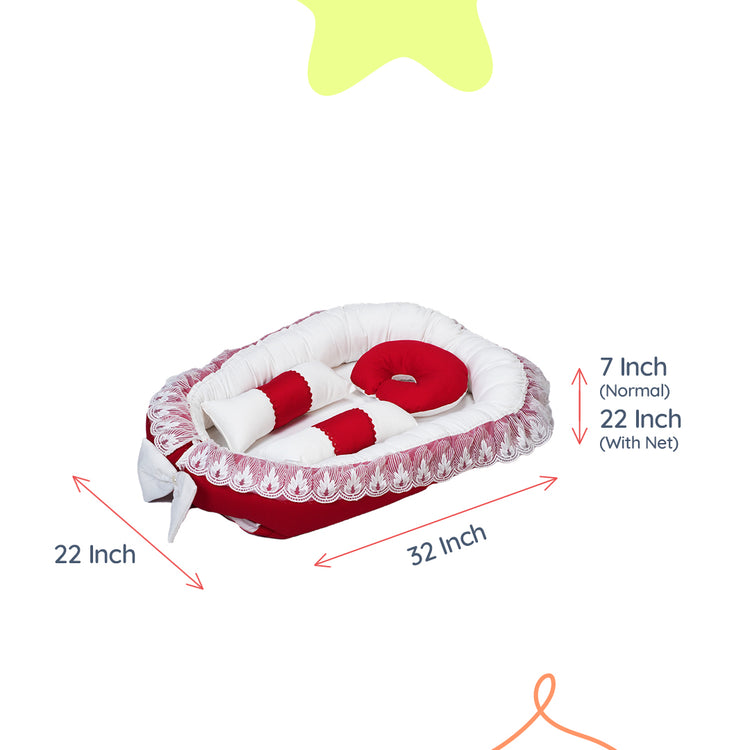Adorables Baby Nest | Red & White | Cotton & Recron | With Removable Net & Pillows
