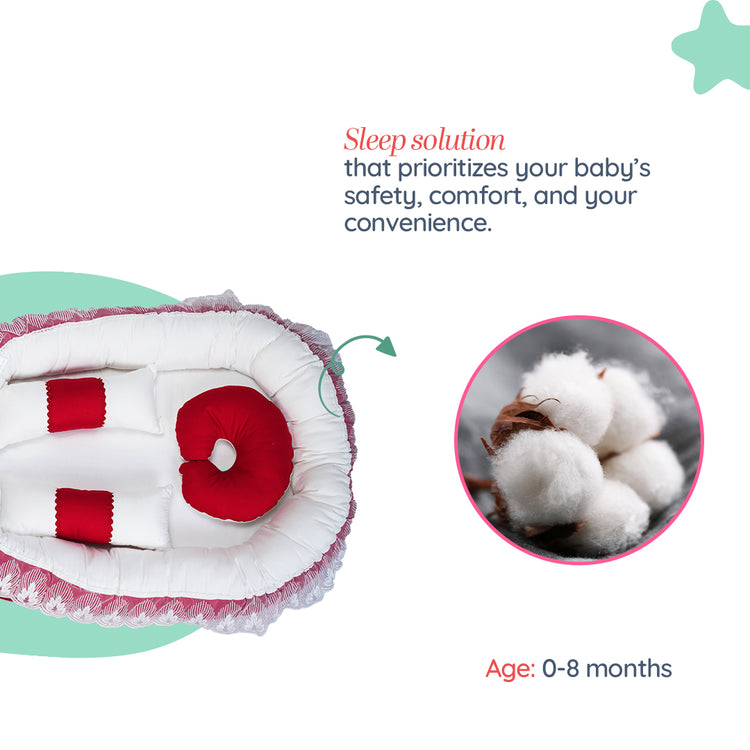 Adorables Baby Nest | Red & White | Cotton & Recron | With Removable Net & Pillows