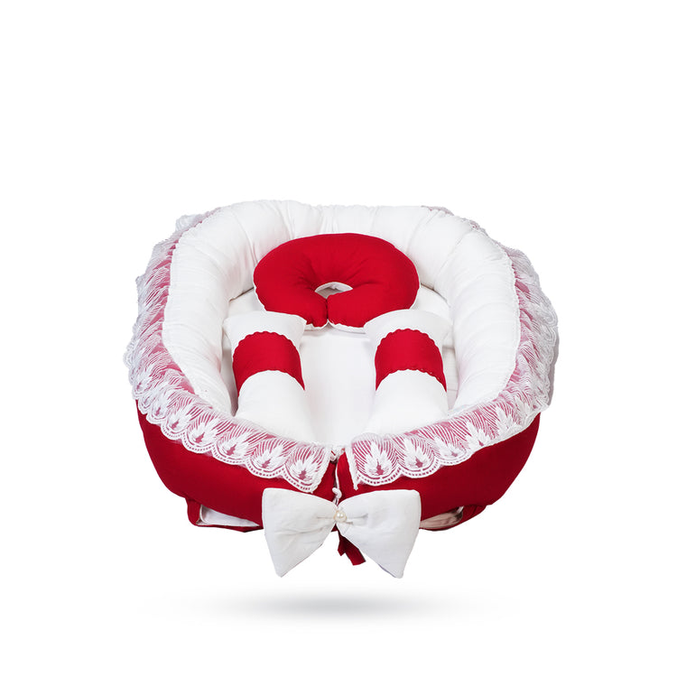 Adorables Baby Nest | Red & White | Cotton & Recron | With Removable Net & Pillows