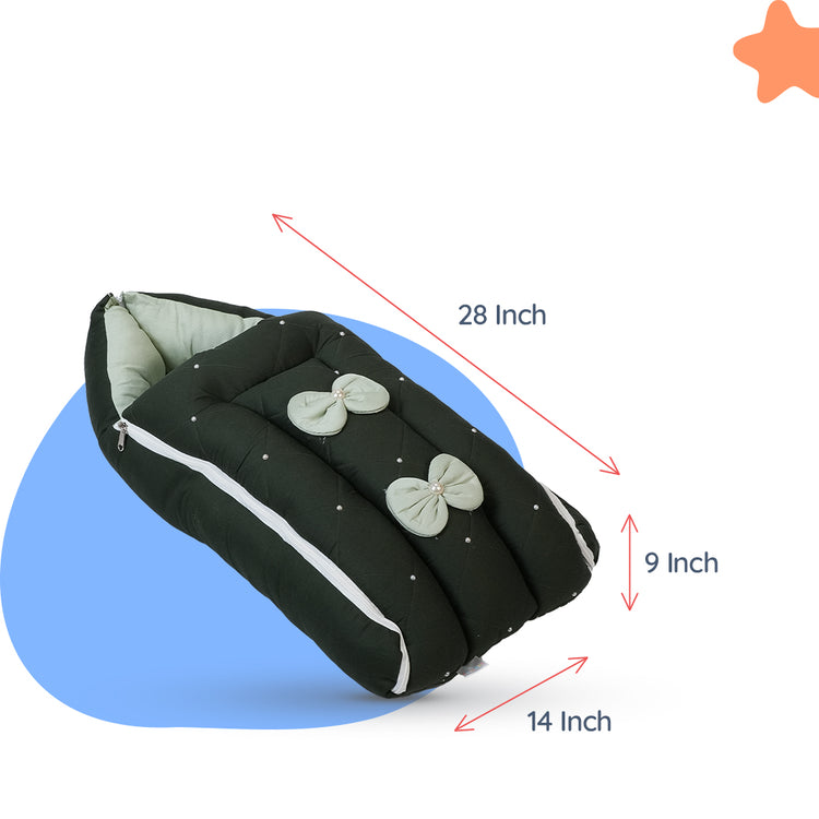 Adorables Baby Round Bedding Combo Set 4 in 1 | Light Green & Dark Green | Lace, Bow & Pearl Design | Cotton & Recron | With Round Bed, Sleeping Bag, Basket (L) & Feeding Pillow