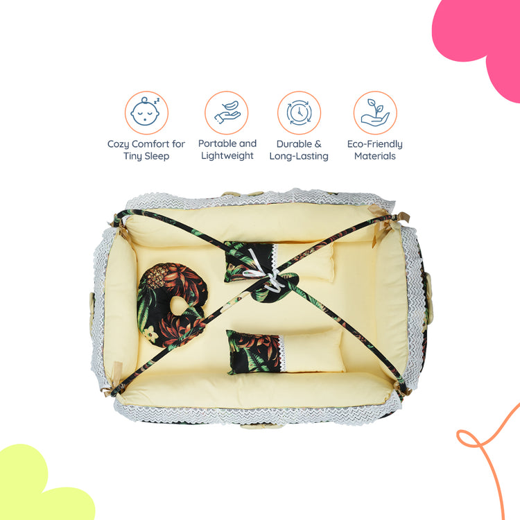 Adorables Square Bed - (King Size) | Black & Light Yellow | Pineapple Print, Hanging Pillow, Lace Design | Cotton & Recron