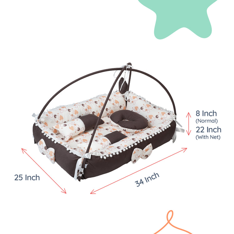 Adorables Square Bed | Coffee & White | Heart Print, Hanging Pillow, Lace Design | Cotton & Recron