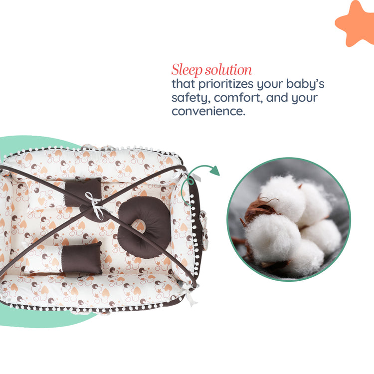 Adorables Square Bed | Coffee & White | Heart Print, Hanging Pillow, Lace Design | Cotton & Recron