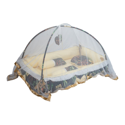 Adorables Square Bed - (King Size) | Black & Light Yellow | Pineapple Print, Hanging Pillow, Lace Design | Cotton & Recron