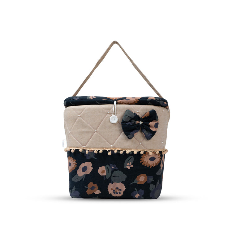 Adorables Baby Nest Bedding Combo Set 3 in 1 | Black & Beige | Floral Print | Cotton & Recron | With Nest Bed, Basket (L) & Sleeping Bag