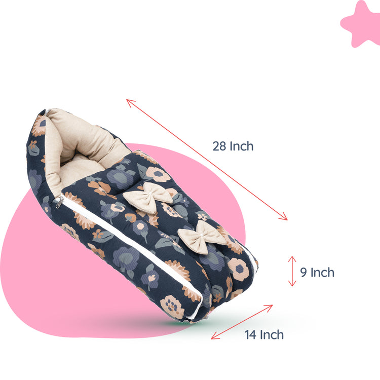 Adorables Baby Sleeping Bag | Black & Beige | Floral Print & Bow Work | Cotton & Recron 1st Quality