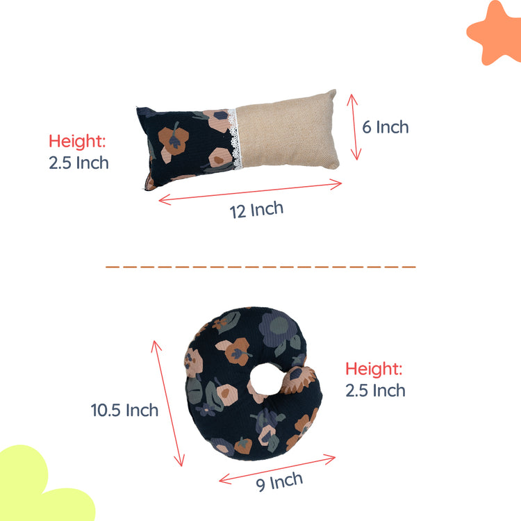 Adorables Pillow Set – Black & Beige | Flower Print with Lace Design | Includes Side & Neck Pillows