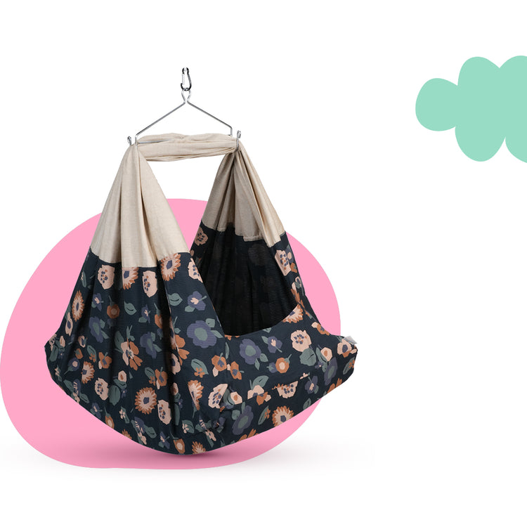 Adorables Bed Cradle | Black & Beige | Cotton with Recron | Floral Print | Includes Star Hangings and Removable Net