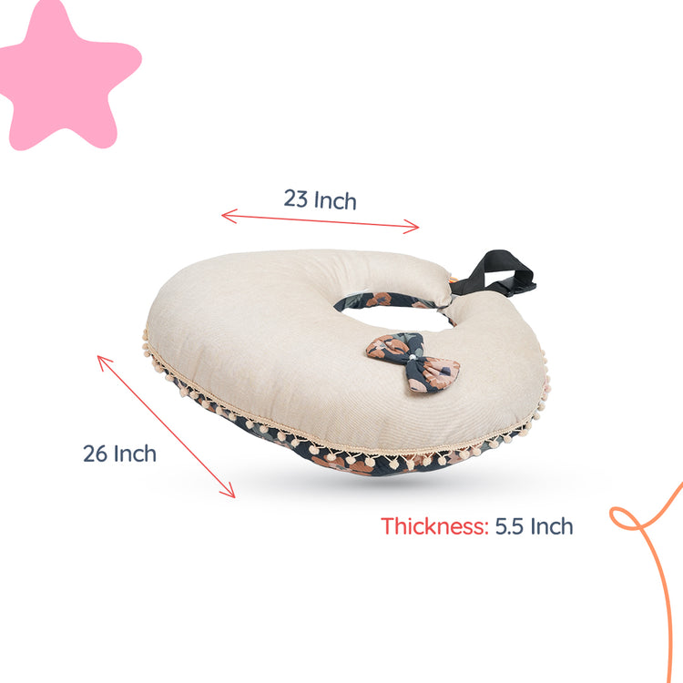 Adorables Feeding Pillow | Black & Beige | Floral Print with Pompom Lace & Bow Work | Cotton with Recron Filling