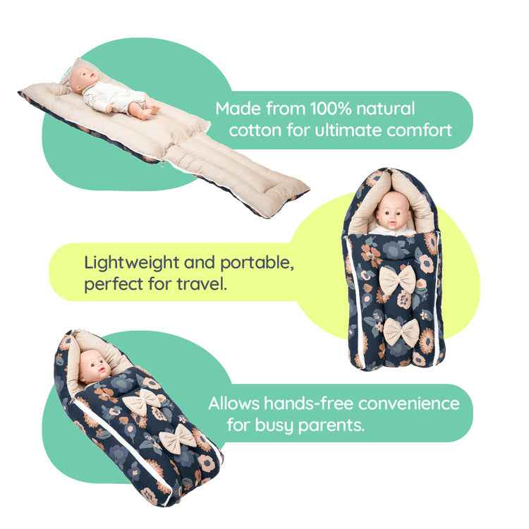 Adorables Baby Sleeping Bag | Black & Beige | Floral Print & Bow Work | Cotton & Recron 1st Quality