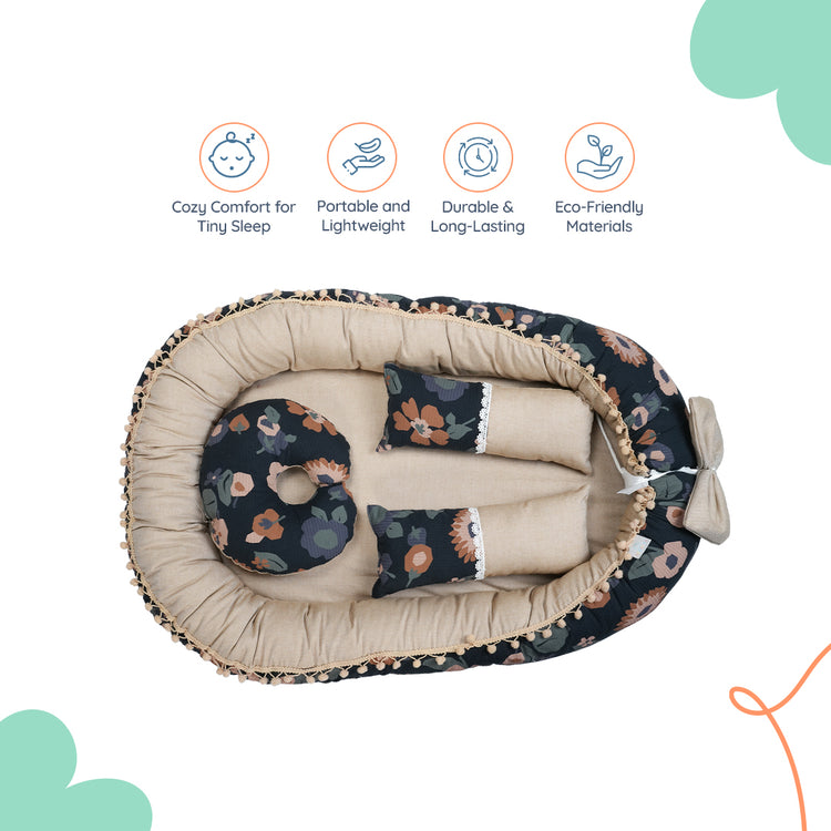 Adorables Baby Nest | Black & Beige | Floral Print | Cotton & Recron | With Removable Net & Pillows