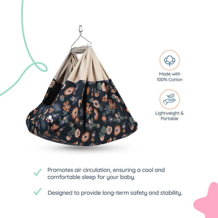Adorables Bed Cradle | Black & Beige | Cotton with Recron | Floral Print | Includes Star Hangings and Removable Net