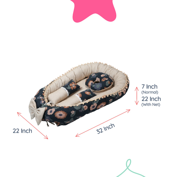 Adorables Baby Nest | Black & Beige | Floral Print | Cotton & Recron | With Removable Net & Pillows