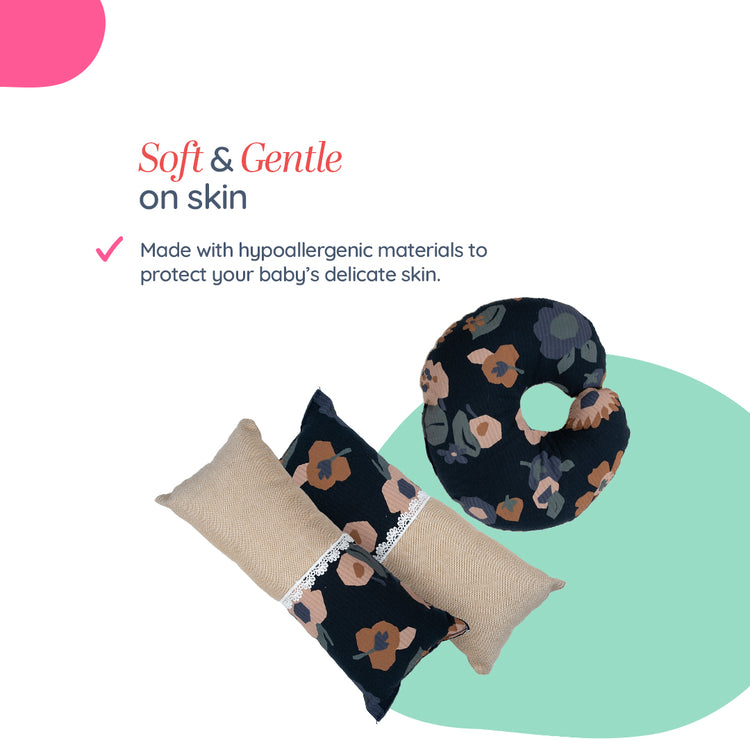 Adorables Pillow Set – Black & Beige | Flower Print with Lace Design | Includes Side & Neck Pillows