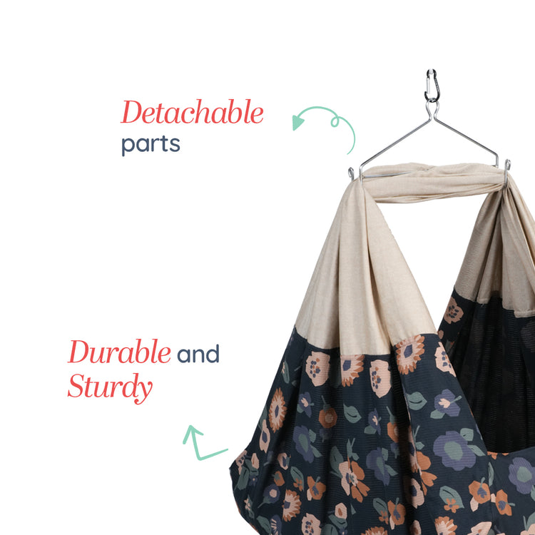 Adorables Bed Cradle | Black & Beige | Cotton with Recron | Floral Print | Includes Star Hangings and Removable Net