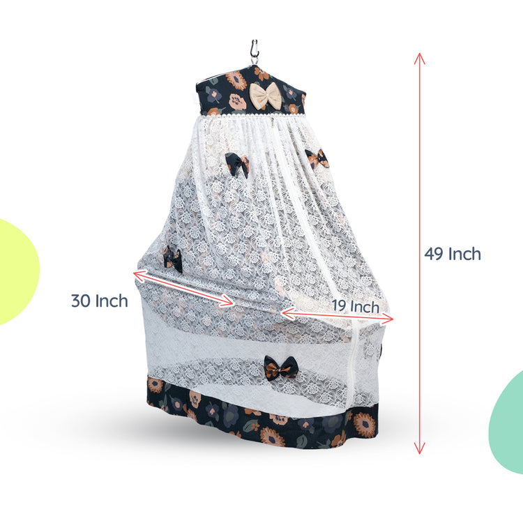 Adorables Bed Cradle | Black & Beige | Cotton with Recron | Floral Print | Includes Star Hangings and Removable Net