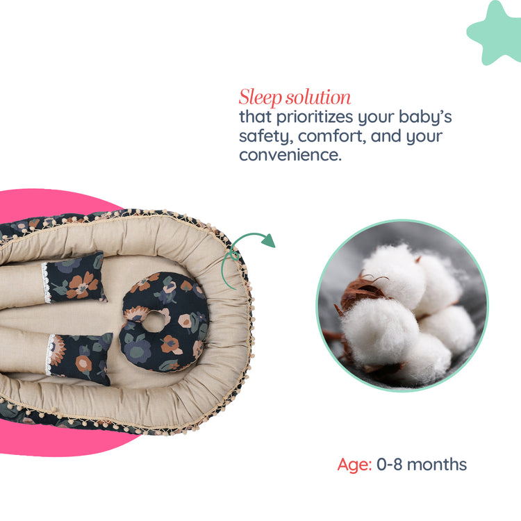 Adorables Baby Nest | Black & Beige | Floral Print | Cotton & Recron | With Removable Net & Pillows