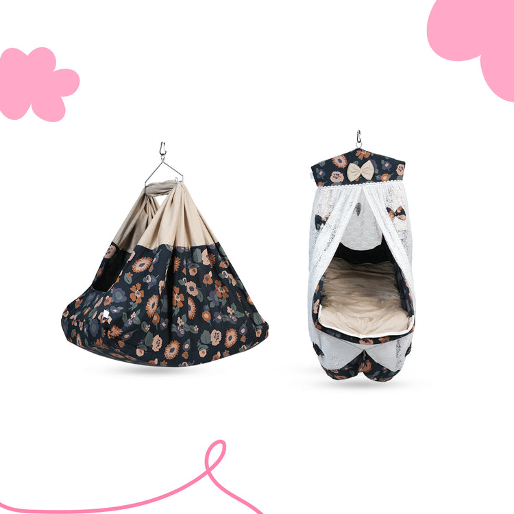 Adorables Bed Cradle | Black & Beige | Cotton with Recron | Floral Print | Includes Star Hangings and Removable Net